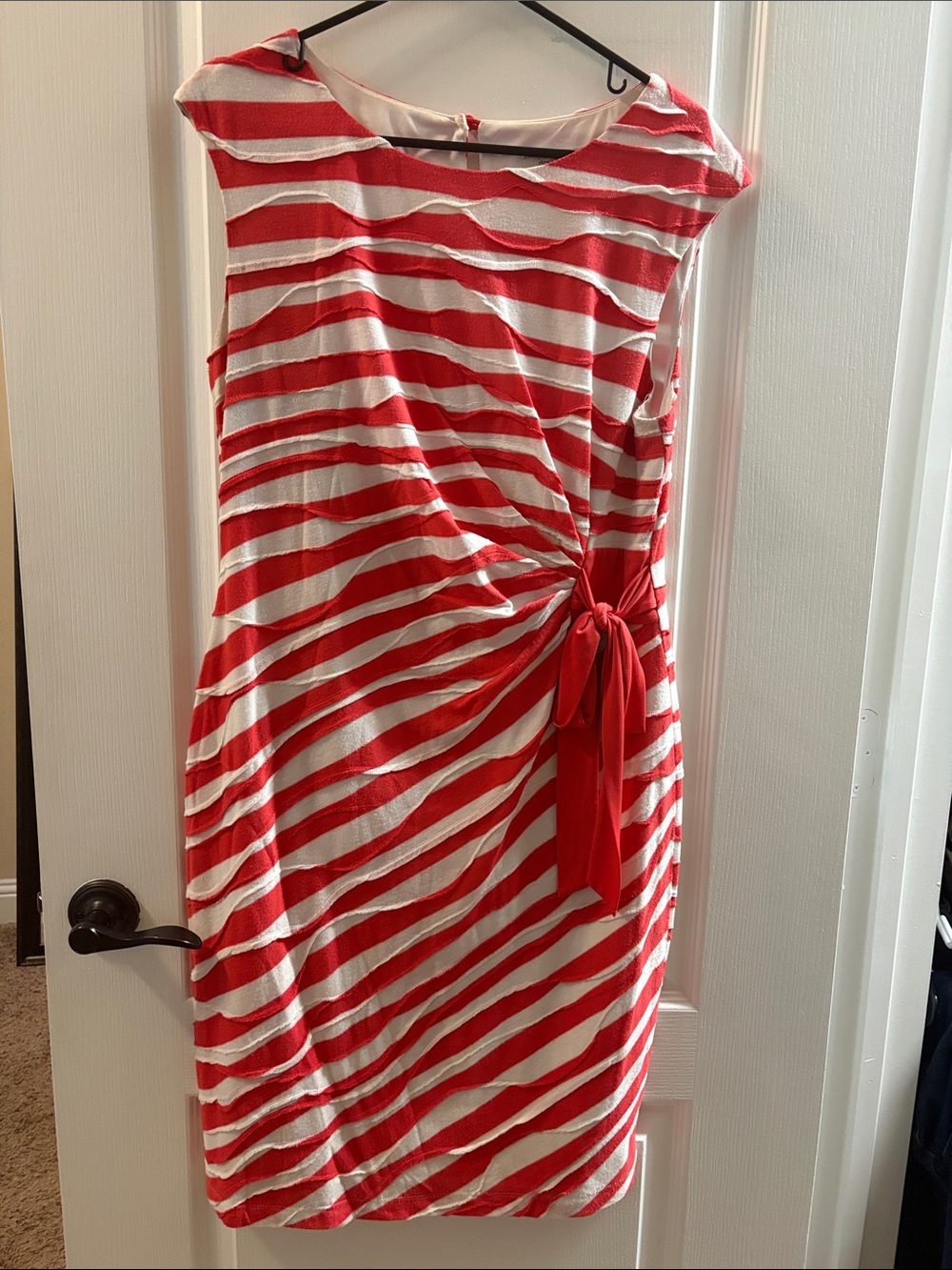 Dress Barn Red and White Striped Tie-Accent Midi Dress
